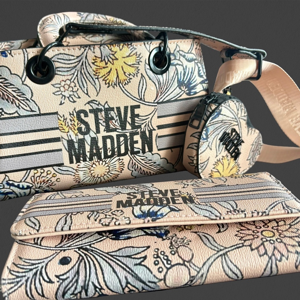 Steve Madden Blush Pink Floral Satchel Handbag + Matching Wallet Set